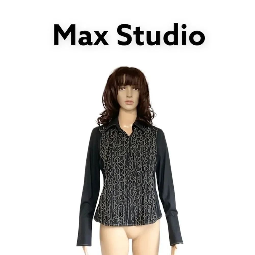 Max Studio Black Ruffle Front Long Sleeve Renaissance Collared Buttoned Shirt S